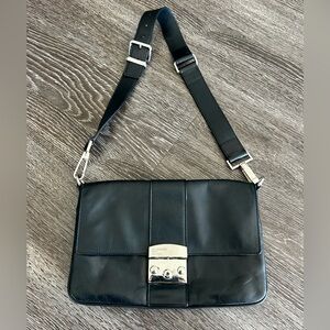 Jil Sander Navy Black Leather Shoulder Bag with Silver-Tone Hardware